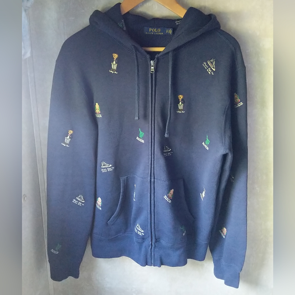 Polo Ralph Lauren Navy Hoodie Embroidered All Over Print College Bear